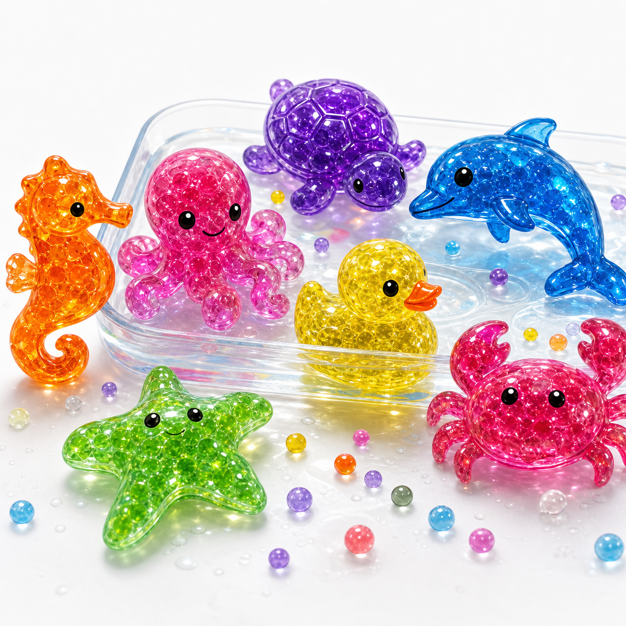 Colorful giant grow water animal toys in a clean water tray