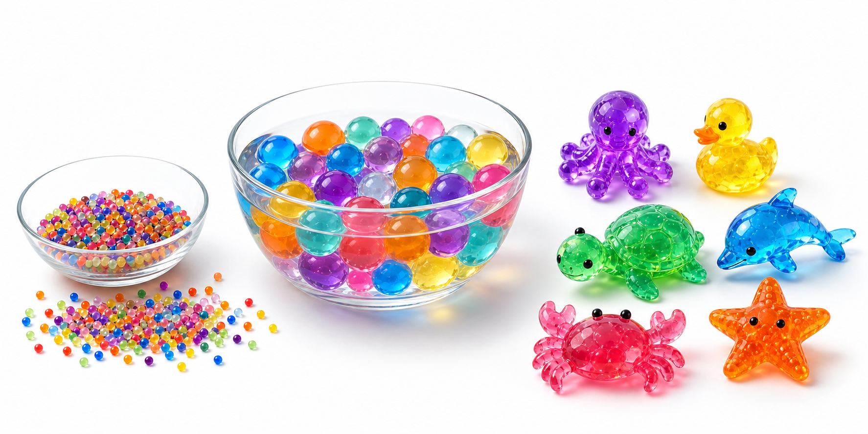 Tiny colorful water beads expanding into crystal-like animal toys